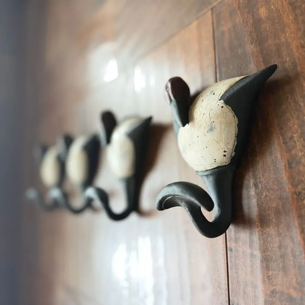Set of 4 Duck Wall Hooks Hand Painted Resin Rustic 5.5 Inch Decorative